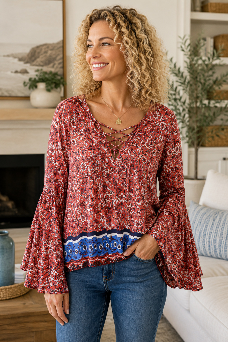 Vintage America Blues Floral Bell Sleeve Top Lace Up V Neck Blouse Size L
